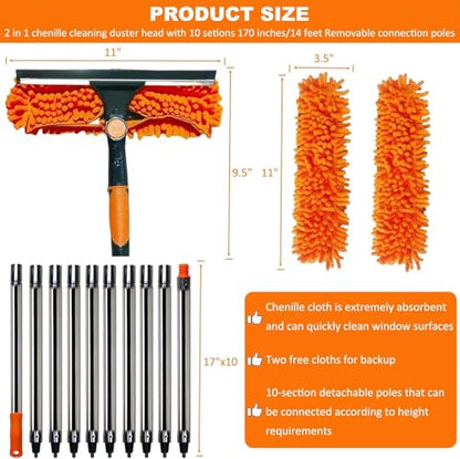 20+ Ft Reach 2 in 1 Window Washing Squeegee with 3-14 ft Spliceable Extension Pole // Window Cleaning Tool & Window Washer Squeegee for Home Indoor Outdoor Window Washing