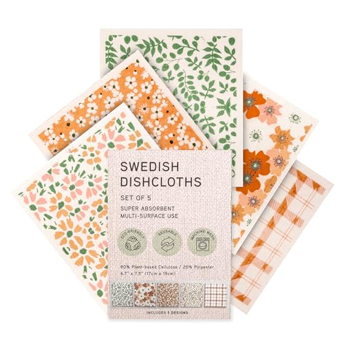 Swedish Dishcloths, Vintage Plant-Based Cellulose, 6.7x7.5 Inch, Super Absorbent, Multi-Surface, Machine Washable, Reusable, 5 Pack (Orange Green) - color: Orange Green