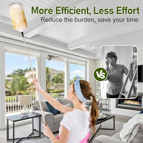 Extendable Lambswool Duster 25-64" Retractable Telescopic Handle Removable Head Multi-Surface Cleaning Tool for Ceiling Fans, Windows, High Walls, and Hard-to-Reach Areas (2pcs) - size: 25-64inch