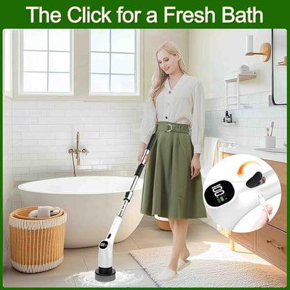 Electric Spin Scrubber, Shower Scrubber with Long Handle Adjustable LCD Display, 2 Speed Shower Cleaner, 7 Replaceable Brush Heads Bathroom Cleaning Brush, Bath Tub Power Scrubbers White G3 - color: White