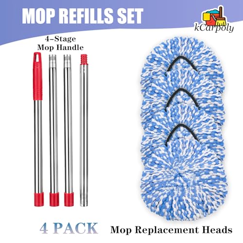 4 Pack Spin Mop Replacement Heads Compatible for O Ceda RinseClean 2 Tank System, Microfiber Mop Refills,Deep Cleaning, with 4.33in Core Base and Handles
