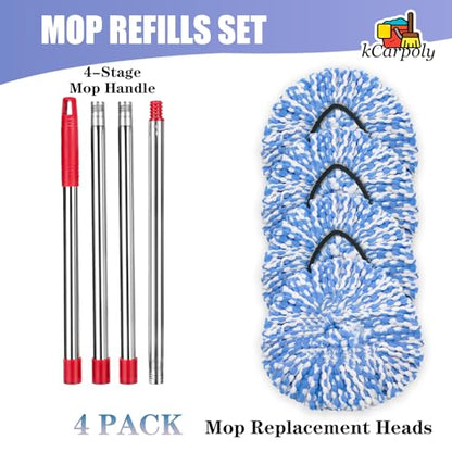 4 Pack Spin Mop Replacement Heads Compatible for O Ceda RinseClean 2 Tank System, Microfiber Mop Refills,Deep Cleaning, with 4.33in Core Base and Handles