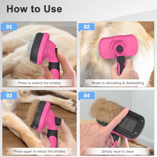 Dipoo Self-Cleaning Pet Grooming Brush - Skin-Friendly Deshedding Tool for Dogs & Cats in Pink, Removes Loose Hair and Tangles - color: Pink
