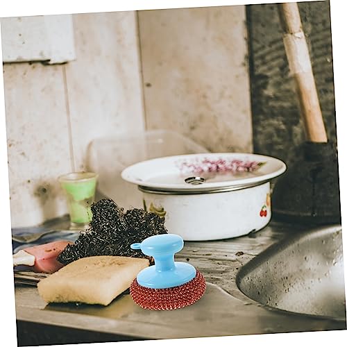 FRCOLOR 5-Piece Metal Scrubber Set with Short Handle Random Color for Pot and Pan Cleaning Heavy Duty Dish Cleaning Brush Kitchen Scouring Tool