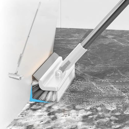 Grout Scrub Brush with 42" Long Handle Double-Sided Floor Scrub Brush V-Shape Grout Cleaner with Squeegee 180° Rotating for Tile Floors, Baseboards, Wall - color: White