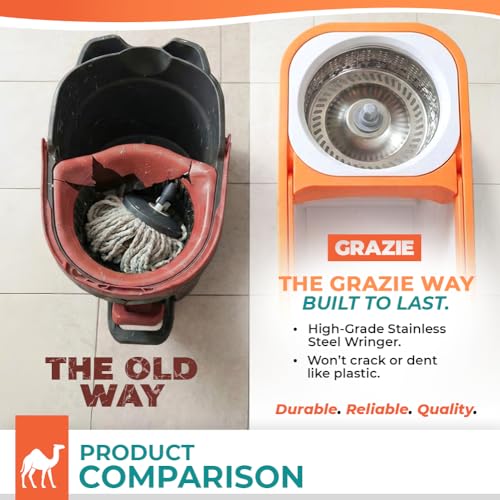 Grazie Spin Mop & Bucket Set - 360° Self-Wringing System, Stainless Steel Handle - Hands-Free Floor Cleaning for Hardwood, Tile, Laminate - Includes 2 Washable Microfiber Mop Head Refills - size: White Mop Bucket + 2 Mop Heads