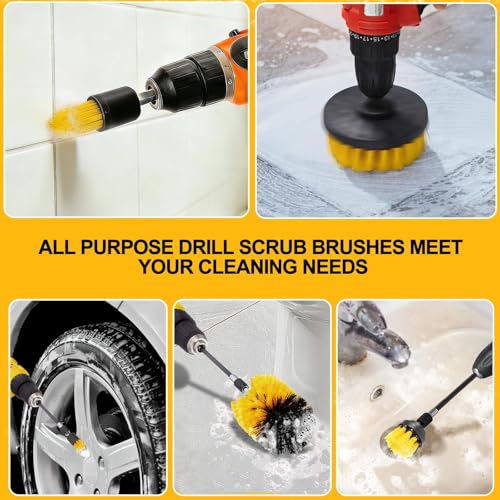 6Pcs Drill Brush Attachment Set, Power Scrubber Cleaning Kit with Extended Reach Attachment, Medium Stiffness Nylon Bristles for Bathroom Grout, Tile, Tub, Shower, Kitchen, Car, Universal Fit