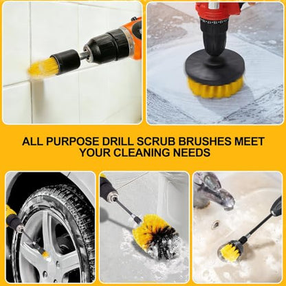 6Pcs Drill Brush Attachment Set, Power Scrubber Cleaning Kit with Extended Reach Attachment, Medium Stiffness Nylon Bristles for Bathroom Grout, Tile, Tub, Shower, Kitchen, Car, Universal Fit