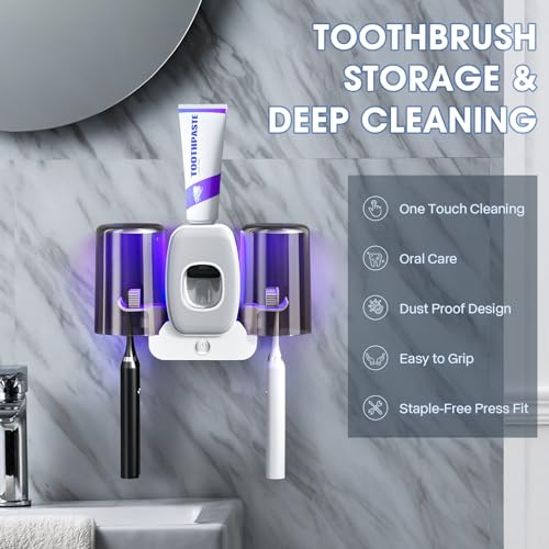 2 Cups Wall-Mounted Toothbrush Sterilizer Holder with Toothpaste Dispenser - 4 Slots,3 in 1 Toothbrush Cleaner, No Drilling, USB Charging, Ideal for Family Bathroom (Grey-Double Cup) - color: Grey-double Cup