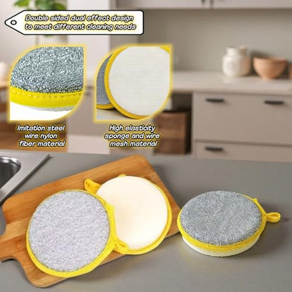 Double Sided Kitchen Sponges for Dishes, Round Scrubbing Pads with Steel Wire Nylon and High Elasticity Sponge, Non Scratch Cleaning Pads with Hanging Loop for Dishes, Pots, Sinks & Bathroom