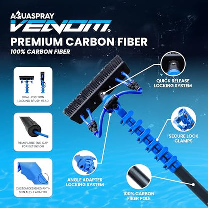 Aquaspray Venom 40FT Premium 24T Carbon Fiber Water Fed Pole Kit for Window & Solar Panel Cleaning, Anti-Spin Clamps, 10 inch Dual-Trim Brush, 55FT Hose, 3/4 in Quick Connect