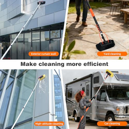 12FT Car Wash Brush with Long Handle, Car Cleaning Brush with 12"Soft Bristle and Hard Bristle, 3-12FT Telescopic Pole with Hose Attachment for Scratch-Free Cleaning Truck,RV,Boat,Siding,Solar Panels - color: 12ft-orange-2