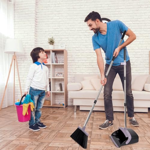 Broom and Dustpan Set, Dustpans with Broom Combo for Home, Heavy Dust Broom and Dustpan Combo, Long Handle Dust Pan and Broom Set for Kitchen, Office, Pet Hair, Charcoal Color, Pack of 1 - color: Charcoal Black