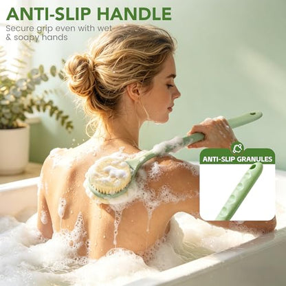 Back Scrubber for Shower, 15.7" Loofah with Handle, Back Shower Brush with Bristles and Loofah, Dry Brushing Body Brush for Cleanse Back and Hard to Reach Areas with Curved Long Handle - color: Light Green
