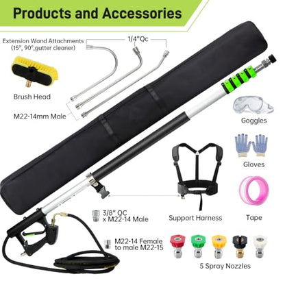 TOR 24 FT Telescoping Pressure Washer Wand with Pressure Washer Extension Wand,Gutter Cleaner Attachment, Pressure Washer Telescoping Wand with 5 Spray Nozzle Tips, 2 Hose Inlet Adapters, Brush Head