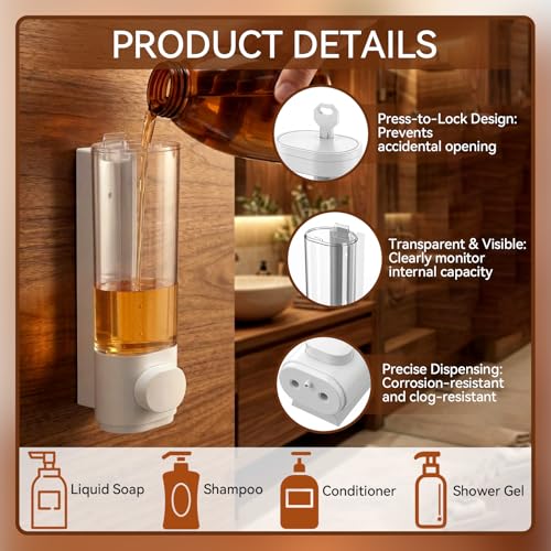 Junkin 4 Pcs Manual Bathroom Wall Mounted Soap Dispenser, 300ml White Kitchen Bathroom Commercial Shower Clear Refillable Soap Dispenser Clear Plastic Refillable Liquid Lotion Pump and Organizer - color: White