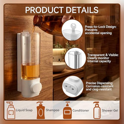 Junkin 4 Pcs Manual Bathroom Wall Mounted Soap Dispenser, 300ml White Kitchen Bathroom Commercial Shower Clear Refillable Soap Dispenser Clear Plastic Refillable Liquid Lotion Pump and Organizer - color: White