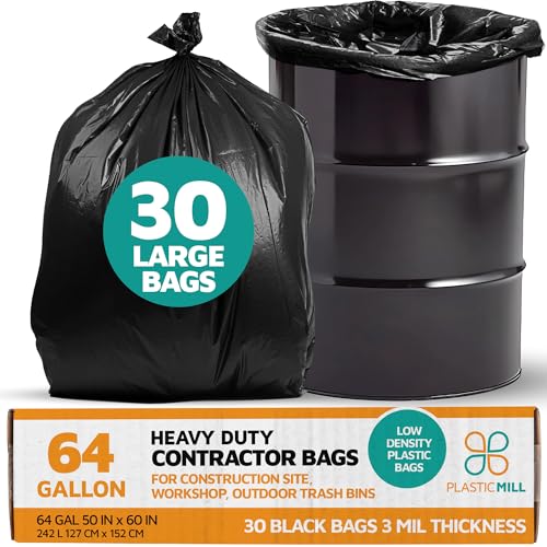 PlasticMill Contractor Bags Heavy Duty - Commercial, Industrial Garbage Bags - Black Construction Trash Bags - Outdoor, Garden Trash Bags, 64-Gallon, 3 Mil, 50"x60" (30-Count) - size: 3 Mil