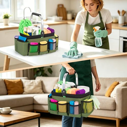 PGmoon Foldable Cleaning Caddy, Cleaning Supply Organizer Bag with Rotate Handle, Easy Clean Liner & Multi-Pockets, Portable Small Cleaning Tote for Kitchen Cleaning Supplies, Products, Housekeepers