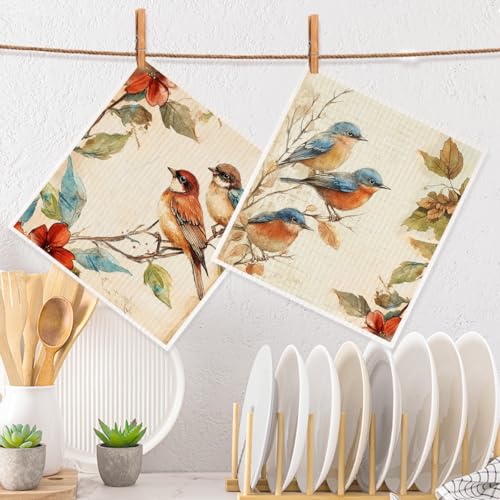 2 Pcs Vintage Bird Artistic Prints Swedish Dishcloths for Kitchen, Absorbent Reusable Paper Towels, Retro Flower Geometry Kitchen Towels for Bathroom Home, Gifts for Bird Lovers Women Mom 3 - color: Sz 0778