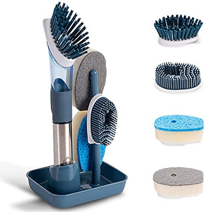 Dish Cleaning Brush, Soap Dispensing Dish Brush Set with 4 Replacement Heads and Storage Holder, Kitchen Scrub Brush for Dish Pot Pan Sink Cleaning (Blue) - color: Blue