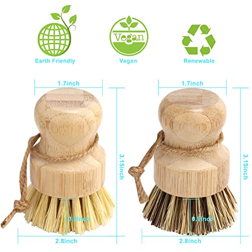 Aisuly Bamboo Dish Brush Set, 2 Pcs Palm Wooden Dish Scrubber Brush, Dish Brushes, Durable Wood Dishes Scrub Brush, Natural Round Vegetable Cleaning Pots Pans Sink Washing Kitchen Brush - size: 1p Palm+1p Sisal