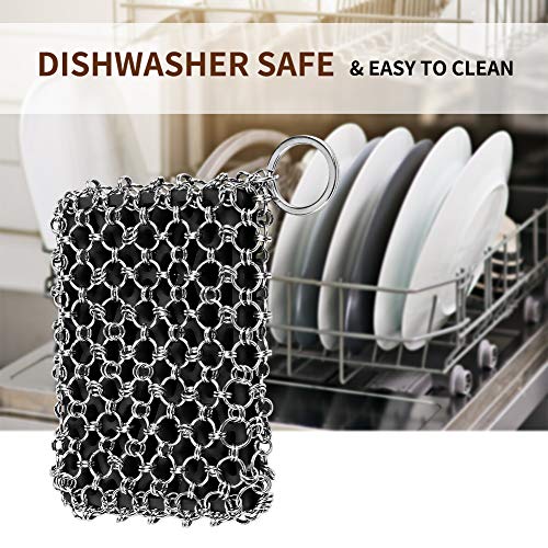 Herda 316L Cast Iron Scrubber Cleaner, Large Chainmail Scrubber for Cast Iron Pan - Chain Mail Scrubber Cast Iron Sponge - Metal Cast Iron Skillet Scrubber, Wok, Dutch Oven Cast Iron Cleaning Kit - color: Black