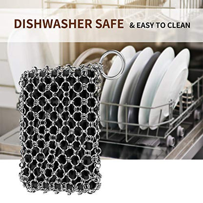 Herda 316L Cast Iron Scrubber Cleaner, Large Chainmail Scrubber for Cast Iron Pan - Chain Mail Scrubber Cast Iron Sponge - Metal Cast Iron Skillet Scrubber, Wok, Dutch Oven Cast Iron Cleaning Kit - color: Black