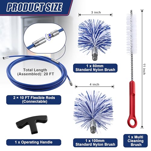 Dreyoo Pellet Stove Cleaning Brush Kit, 20 FT Flexible Steel Rod with 3" & 4" Brush Head, T Handle, Multi Purpose Flue Detail Cleaner, Nylon Stove Flue Pipe Kit for Pellet Furnace Exhaust Pipes - size: 20FT with 3" & 4" Brush Heads