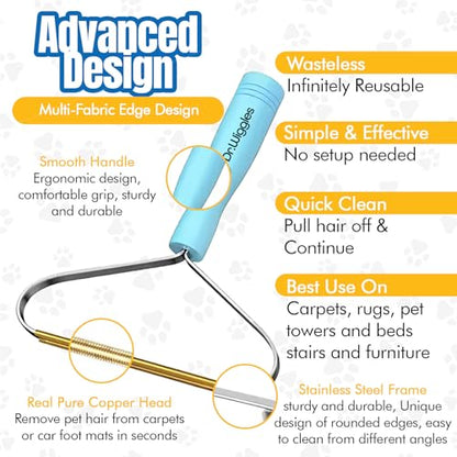 Pet Hair Removal Broom, Handheld Pet Hair Removal Rake & Reusable Lint Roller, Telescopic 56"" Adjustable Handle, Pet Hair Remover for Furniture, Carpet, Rugs, Cars and Bedding