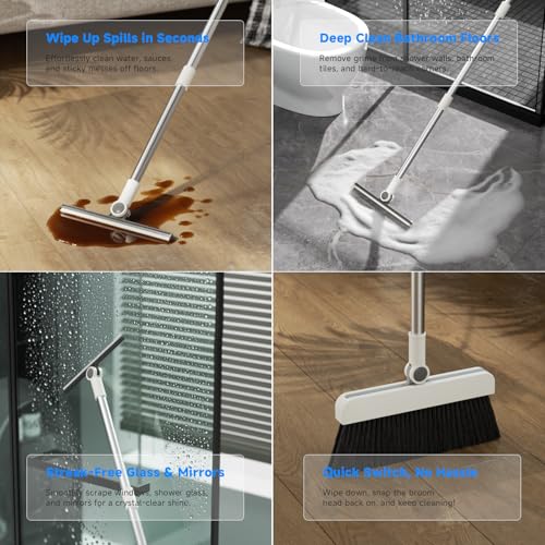 Magic Broom and Dustpan Set with Silicone Broom Squeegee, 55'' Broom with Dustpan Combo Set Self-Cleaning Teeth Design Upright Standing Dustpan for Indoor Floor Home Kitchen - color: Set (No) Cloth
