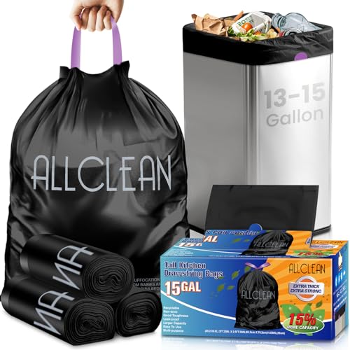 Trash Bags 15 Gallon Tall Kitchen Drawstring Garbage Bags,Fit 13-15 Gal Bins,Extra Strong&Leak-Proof,Unscented&Recyclable Trash Can Liners for Home Office Industrial Bathroom Garden Lawn(Black) - style: 13-15 Gallon-Black