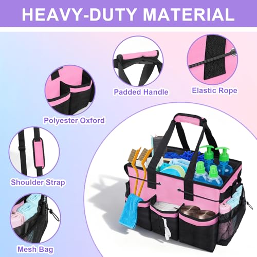 ALSLEA Cleaning Caddy Bag Heavy-Duty Organizer Tote for Housekeepers, Janitors & Home Cleaning Supplies with Adjustable Shoulder Strap & Multiple Pockets (Pink)