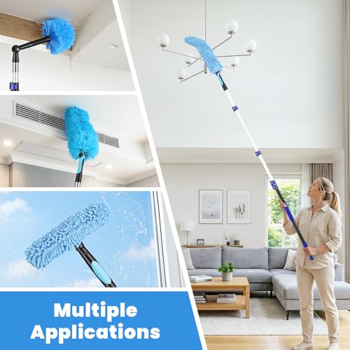 25ft High Reach Extendable Duster Kit with 4.5-18ft Extension Pole - Ceiling Fan Blade Cleaner, Spider Web Brush Cobweb Remover, Window Squeegee Kit with Telescoping Wand, Extended Extra Long Handle - size: 18FT POLE (Reach 25FT High)
