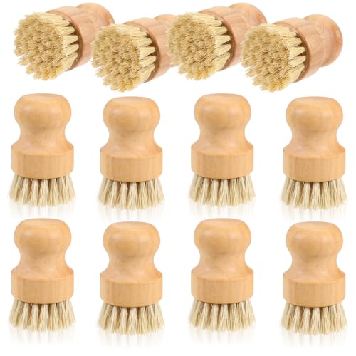 12 Packs Bamboo Dish Scrub Brushes, Full Circle Scrub Brush Wooden Dish Scrubber Brushes with Sisal Bristle for Kitchen Sink Cleaning Cast Iron Pots and Pans