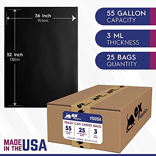 55 Gallon Trash Bags Heavy Duty – Large Black Contractor Bags 36x52" – Industrial, Yard Waste, Lawn & Leaf, Construction Garbage Can Liners – Made in USA (3 Mil, 25 Count) - size: 1 Count (Pack of 25)