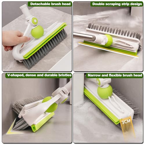 Floor Scrub Brush with Long Handle, 4 in 1 Scrape and Heavy-Duty Stiff Bristle Scrubber Brush for Cleaning Shower Bathroom, Patio, Pool, Garage, Kitchen, Wall and Deck