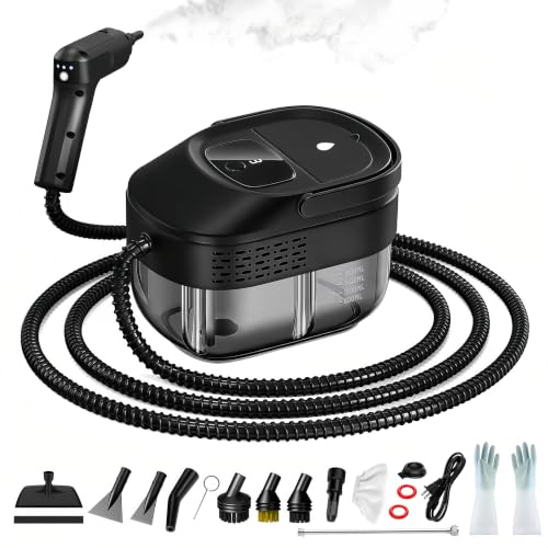 Pressurized Handheld Steam Cleaner 2500W, 54oz Large-Capacity Steamer with 3-Level Adjustable Steam, 15s Heat-Up & 15Pcs Accessories – for Car, Tile, Grout, Couch, Floor, Bed, Dirt, Furniture - color: Black