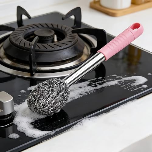 2PCS Steel Wool Scrubber with Handle Rustproof, Cast Iron Scrubber, Stubborn Messes Pot Brush, Remove Dirt for Cleaning Stoves,Sinks Dishes Grills Bowls & Metal Wire Sponge for Kitchens - color: Pink