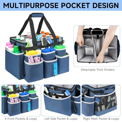 Large Rolling Cleaning Caddy Bag with Detachable Trolley,Cleaning Cart on Wheels with Shoulder Strap,Cleaning Supplies Organizer for Housekeepers,Blue - color: Blue