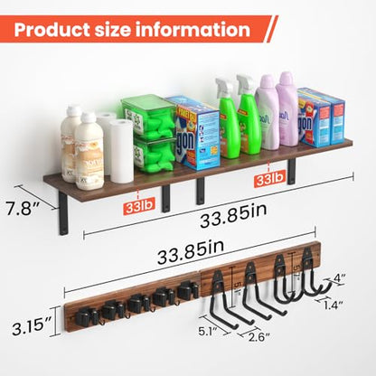Broom Holder Wall Mount 33.8inch with Wooden Shelf ,Rustic Wood Broom Hanger 5 Racks&4 Hooks,Laundry Room Organization with Steel Garage Storage Hooks, Mop Hanger Broom Rack for Laundry Room, Garage. - size: 33.8"Large