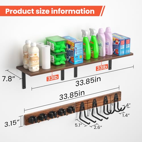 Broom Holder Wall Mount 33.8inch with Wooden Shelf ,Rustic Wood Broom Hanger 5 Racks&4 Hooks,Laundry Room Organization with Steel Garage Storage Hooks, Mop Hanger Broom Rack for Laundry Room, Garage. - size: 33.8"Large