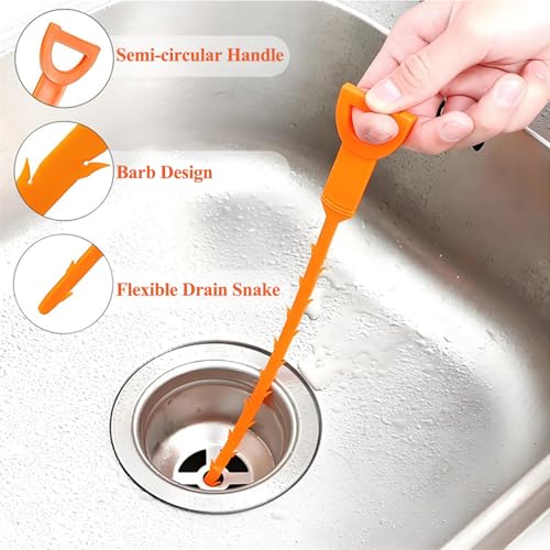 Drain Snake Hair Drain Clog Remover Tool, 25-Inch Flexible Pipe and Tub Drain Strainers with Grip Handle, Hair Catcher for Bathroom, Sink, Bathtub, Kitchen, 5 Pack
