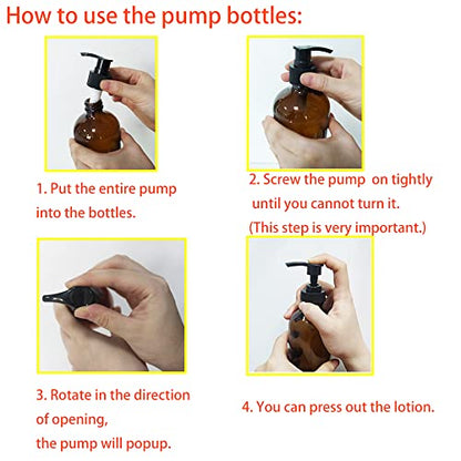 4 Pack 8 oz Amber Glass Pump Bottles, Boston Round Bottles with Pumps for Lotion, Soap, Massage Oils, Refillable Containers with Caps - size: 8 oz Amber 4Pack