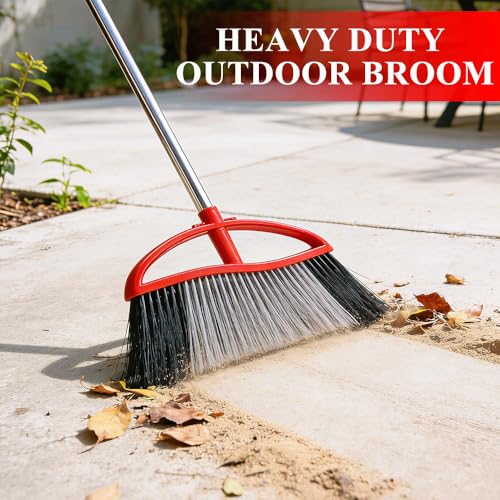 Outdoor Heavy Duty Broom, 15.7'' Wide with Long Handle, Angle Broom with Stiff Bristles for Sweeping Patio, Garden, Garage, Yard - color: Red and Black