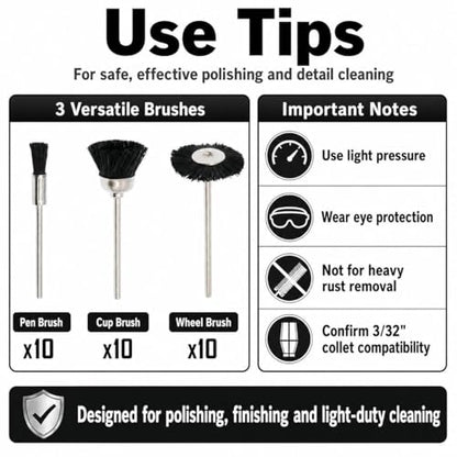 Soft Nylon Bristle Brushes Cup Wire Brush Set Cleaning Polishing Accessories 2.35mm Shank for Rotary Drill Tools Pack of 30 Pieces