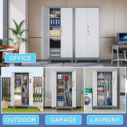 61" Metal Storage Cabinet with Lockable Doors, Cleaning Supply Cabinet with Pegboard and Hanging Rod. Garage Tool Storage Cabinets for Home, Laundry, Office, Home Kitchen Utility Cabinet - size: 61" Cabinet White & Gray