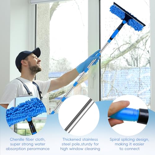 14FT Window Washing Squeegee & Duster with 1-14 ft Spliceable Extension Pole, 2 in 1 Telescopic Window Cleaner Rotatable Window Washing Equipment for High Window, Interior Roof, Car Glass