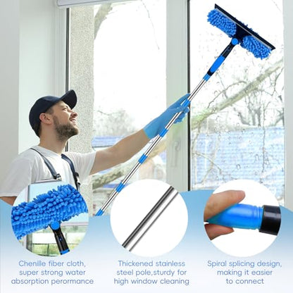 14FT Window Washing Squeegee & Duster with 1-14 ft Spliceable Extension Pole, 2 in 1 Telescopic Window Cleaner Rotatable Window Washing Equipment for High Window, Interior Roof, Car Glass