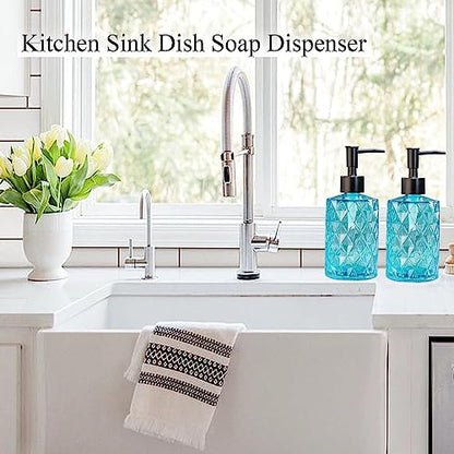 Clear Ocean Blue Glass Soap Dispenser with Plastic Pump, 2 Pack 12oz Diamond Design Bathroom Soap Dispenser for Hand Wash, Lotion Dispenser & Dish Soap Dispenser for Kitchen and Bathroom - color: Diamond Blue